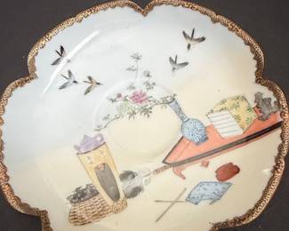 Japanese Kutani Porcelain Saucer with Scholar's Objects and Birds