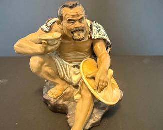 Chinese Mudman Figurine, Seated Man with Bowl and Hat