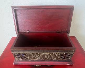 Vintage Indian Hand Carved Wooden Jewelry Box with Brass Filigree and Cabochons