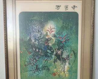 Jean Lebadang Lithograph with Birds and Botanical Forms