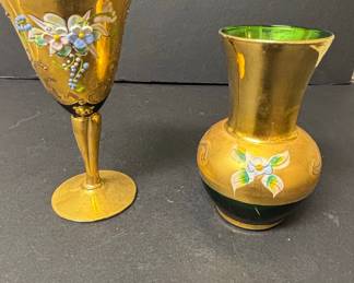 Vintage Emerald Green Glass with Gold Enamel Floral Decoration, Likely Murano or Bohemian