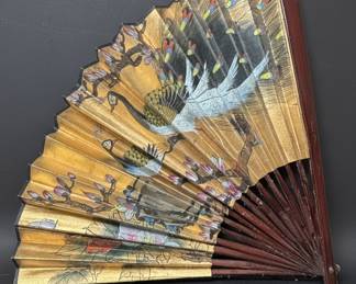 Vintage Chinese Hand-Painted Gold Leaf Fan with Peacocks and Flowering Branches