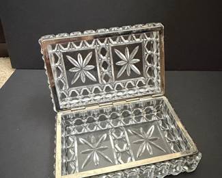 Vintage Cut Crystal and Silver-Tone Metal Vanity Box with Starburst Motif