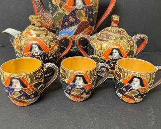 Japanese Satsuma Moriage Dragon Ware Tea Set with Lithophane Cups