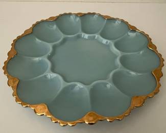 Anchor Hocking Delphite Blue Milk Glass Egg Plate with Gold Trim
