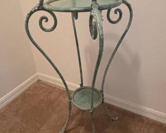 Vintage French-Style Wrought Iron Plant Stand with Verdigris Patina