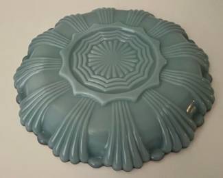 Anchor Hocking Delphite Blue Milk Glass Egg Plate with Gold Trim