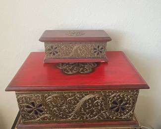 Hollywood Regency Filigree and Red Wood Nested Boxes