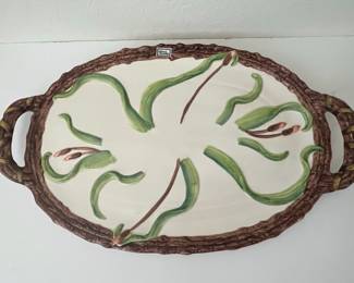 Vintage Italian Majolica Asparagus Platter with Faux-Bois Handles
