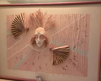 Lee Young Mixed Media Assemblage Wall Art with Mask and Fans