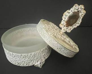 Vintage Filigree Vanity Powder Jar with Amber Cabochon