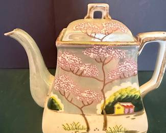 Antique Nippon Porcelain Teapot with Cherry Blossom Landscape and Cottage