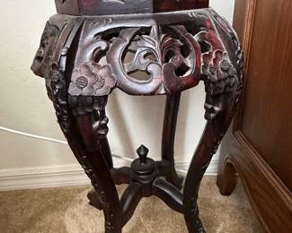Antique Chinese Carved Rosewood Pedestal Stand with Marble Top