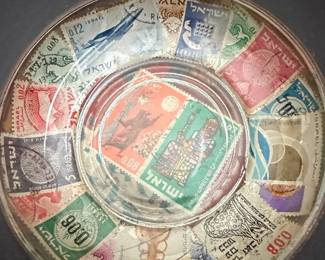 Vintage Brass and Glass Dish with Vintage Israel Postage Stamps