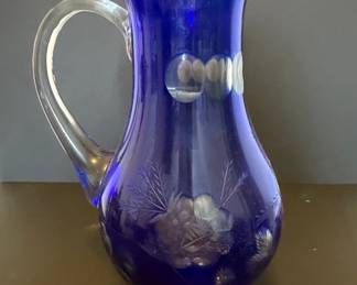 Cobalt Blue Cut-to-Clear Glass Pitcher with Floral Engraving