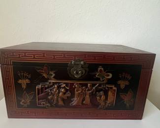 Chinese Export Lacquer and Brass Relief Keepsake Box