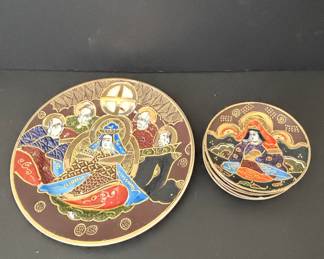 Japanese Satsuma Moriage Plate and Coaster Set