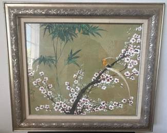 Japanese Bird and Plum Blossom Silk Painting by "Ōkawa"