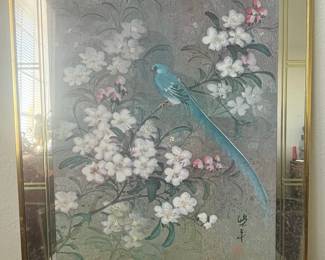 Vintage Chinoiserie Watercolor on Cork Painting of Bird and Blossoms