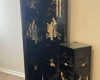 Vintage Chinoiserie Black Lacquer Mother of Pearl and Soapstone Four-Panel Folding Screen