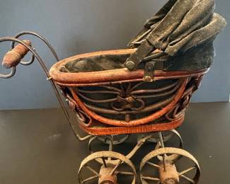 Antique Wicker Doll Carriage with Spoked Iron Wheels