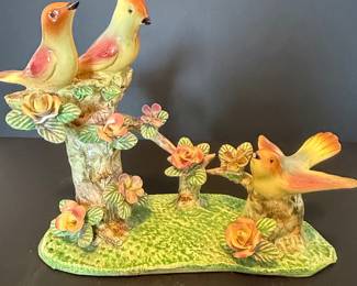 Capodimonte Style Porcelain Bird Figurine Group with Flowers
