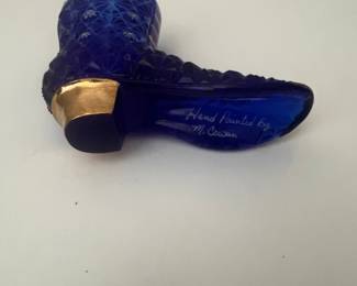 Cobalt Blue Daisy & Button Pattern Glass Boot Figurine