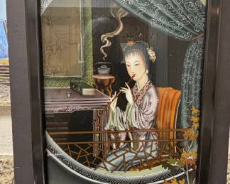 Chinese Reverse Glass Painting of a Woman with a Flute and Incense Burner