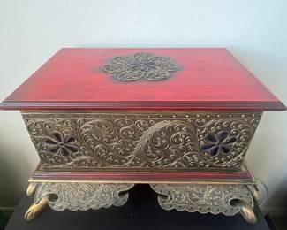 Vintage Indonesian Ornate Red and Gold Wooden Trinket Jewelry Box