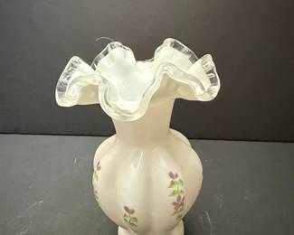 Fenton Art Glass Hand-Painted "Violets in the Snow" Milk Glass Vase