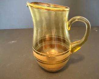 Vintage Amber Glass Creamer with Gold Banding, Made in Romania