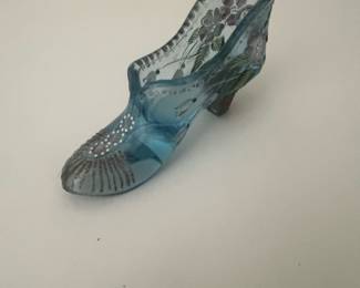 Vintage Fenton Blue Glass Slipper Figurine with Hand-Painted Floral Design