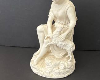 Antique Parian Ware Bisque Porcelain Figurine of Woman with Lamb