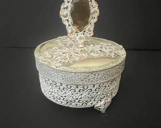 Vintage Filigree Vanity Powder Jar with Amber Cabochon
