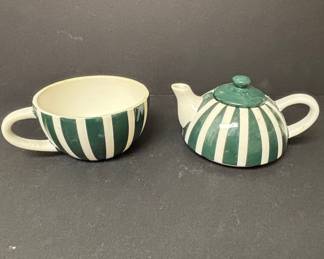 Vintage Green Stripe Teapot and Cup Set