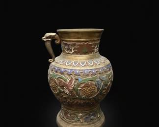 Japanese Champlevé Enamel Bronze Vase with Dragon Handle