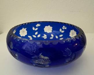 Bohemian Cobalt Blue Cut-to-Clear Floral and Starburst Bowl