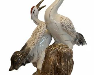 Italian Majolica Double Crane Sculpture