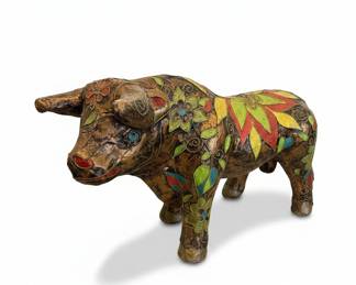 Papier-Mâché Bull Sculpture with Floral Motifs