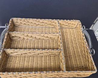 Woven Wicker and Metal Divided Cutlery Tray with Coil Handles