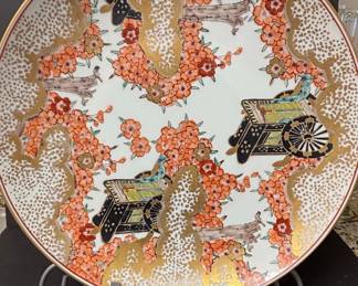 Vintage Japanese Imari Plate with Ox Cart and Cherry Blossoms