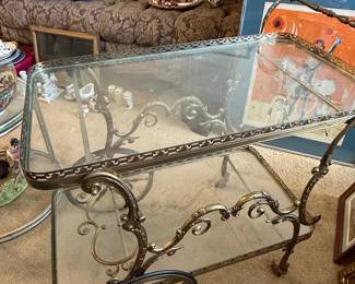 Vintage Rococo Revival Brass and Glass Serving Cart