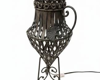 Wrought Iron Urn Planter with Ginkgo Leaf Motif and Scrollwork Base