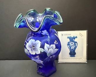 Fenton Cobalt Blue "Celebration Vase" and Etched Brass Vase