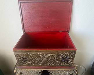 Vintage Indonesian Ornate Red and Gold Wooden Trinket Jewelry Box