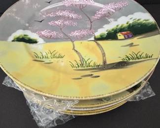 Vintage Hand-Painted Japanese Porcelain Landscape Plates with Cherry Blossoms and Gold Trim