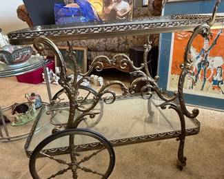 Vintage Rococo Revival Brass and Glass Serving Cart