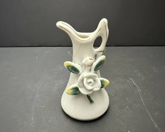 Vintage Miniature Porcelain Pitcher Vase with Applied Roses and Gold Trim, Made in Japan