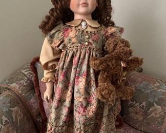 Collectible Porcelain Doll with Teddy Bear by Ashton-Drake