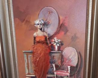 Umberto Bianchini Oil Painting of a Lady in a Red Dress